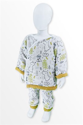Organik Pamuk Müslin Pijama Takımı / Kimono - Sarı Dinozor