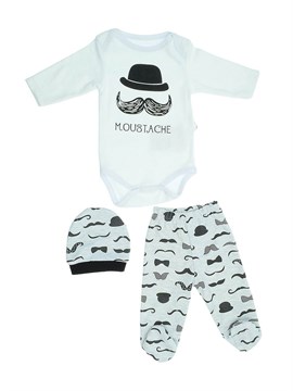 Ana Kuzusu Minibird Erkek Bebek Bıyık Baskılı Moustache Yazılı Üçlü Takım