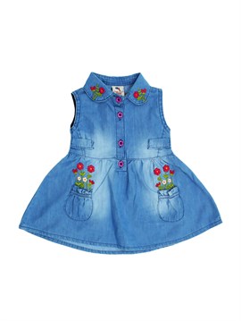 Varol Kids Kız Bebek Çiçek Nakışlı Kot Elbise
